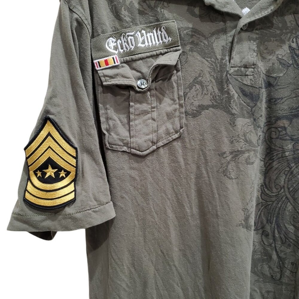 Rare Y2K Ecko Unlimited Polo Shirt Mens XL Military Patch Rhino green Embroidery - Picture 2 of 9